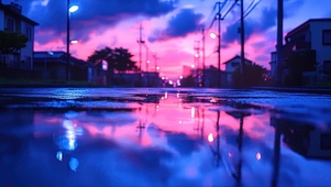蓝粉雨夜浪漫倒影