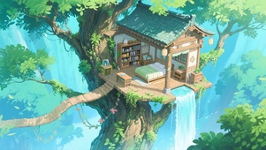 吊桥瀑布树屋