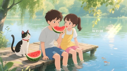 夏日湖边吃西瓜