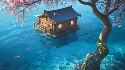 海上樱花树下小屋
