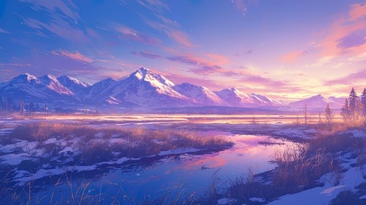 梦幻晚霞雪原河流