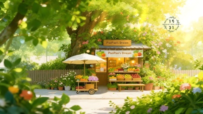 唯美绿色树下水果摊