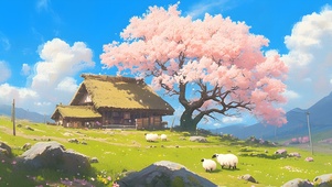 草原上的樱花树小屋
