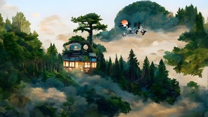 唯美治愈水墨云海森林