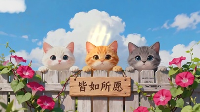 喇叭花篱笆小猫