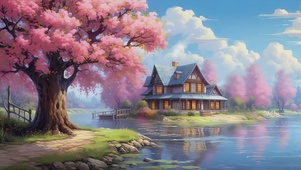 4K湖边樱花