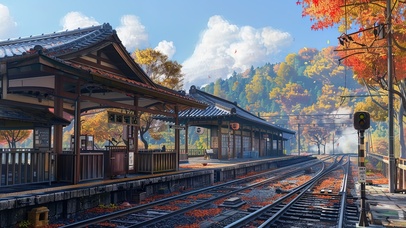 秋天枫叶古朴幸福车站