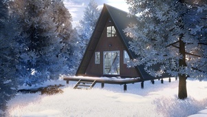 森林中下雪的小木屋