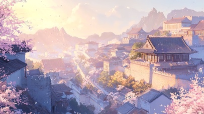 落日中的樱花古镇