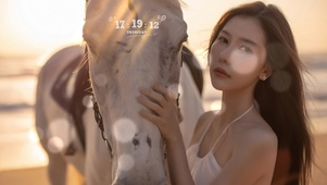 海边落日和美女