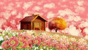 晚霞花开和小屋