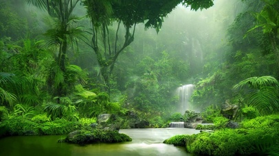 4k 治愈护眼雨天绿林瀑布