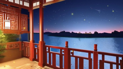 夜晚湖边凭栏远眺