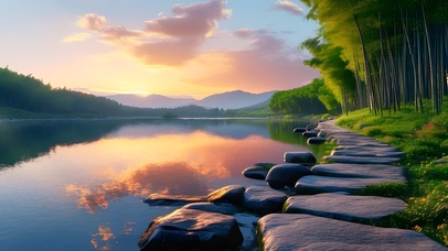 大自然风景落日晚霞竹林小径湖泊