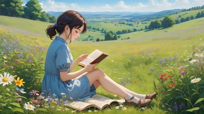 草地上看书的女孩