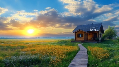 夕阳乡下村庄田野