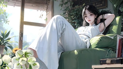 闲暇花房享受阳光的少女