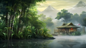 竹林溪水草屋