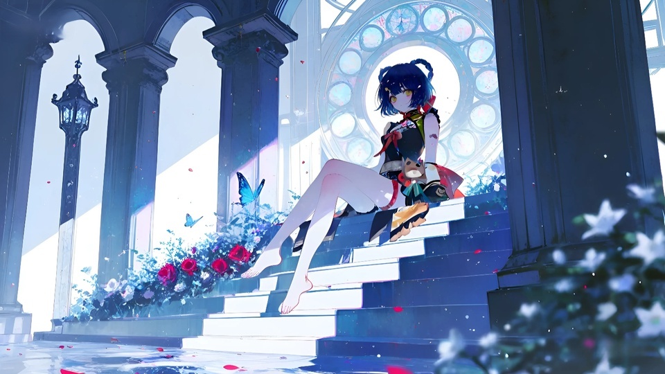 日系二次元插画：原神角色香菱身着中式露肩短服饰，坐在冷蓝色欧式柱廊前的石阶上，周围点缀红色玫瑰，背景是带玫瑰纹样的教堂彩窗，整体为蓝白冷调配色。