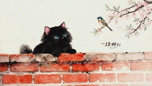 墙头黑猫探春
