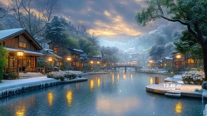 护眼冬日湖畔城镇