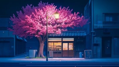 安静的夜晚樱花小店