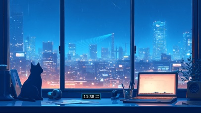 4K唯美窗外动漫雨夜城市