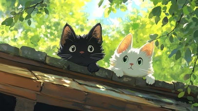 斑驳屋檐上探头的黑白喵喵~