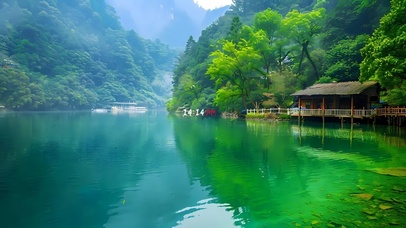 唯美绿色青山湖泊