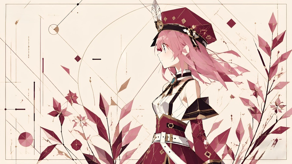 浅米白底色，画面右侧是面向左侧的粉发二次元少女，搭配低多边形几何造型的酒红、柔粉色花叶装饰，布满几何线条。