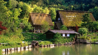 午后森林湖边木屋