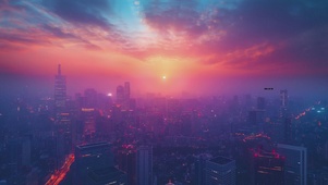 夕阳雨中城市