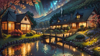 唯美插画夜晚庭院小屋