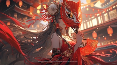 4K国风火焰面具少女