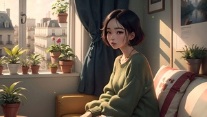 傍晚温馨室内的女孩