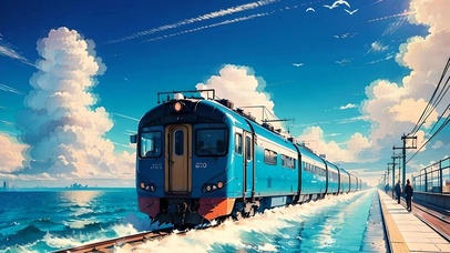 晴空下的海边列车