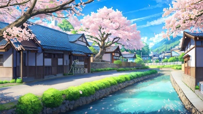 4k樱花小溪小镇