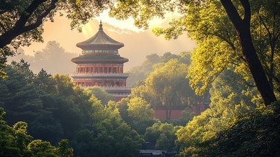 远眺森林古建筑之美