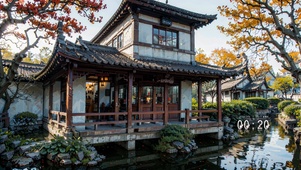 4K唯美古风楼台倒影入池塘