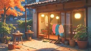 秋天晾衣服的小院