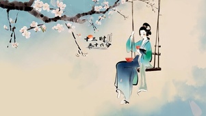 国风水墨秋千上喝茶的少女