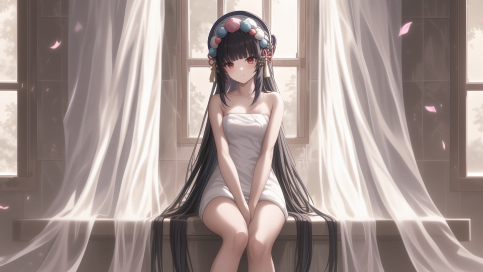 黑发红瞳少女裹着白浴巾，端坐窗边半透白纱帘旁，粉色花瓣在空中飘落。
