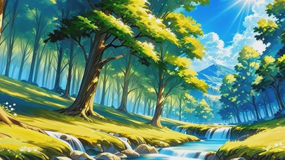 蓝天下树林和右边小溪-4k