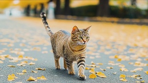 4k霸气的狸花猫与红墙枫叶