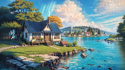 唯美湖边小屋