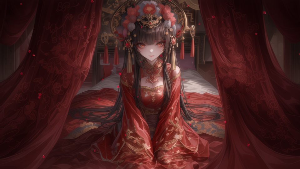 身着红绣金古装的人物端坐帐中，头戴华丽头饰，四周垂着暗红帷幔，红色细屑散落其间。