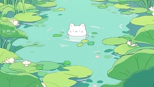 荷叶池塘猫咪