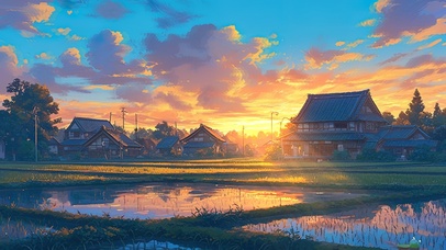 唯美治愈乡村晚霞水田