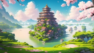 清新桃花绿色山水