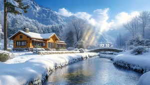 户外冬日溪流小屋